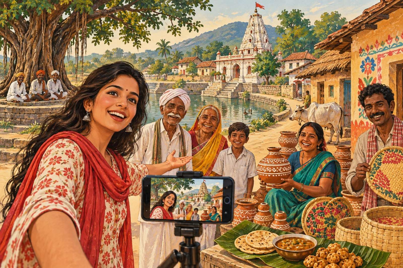 Illustration of A Tour Of Your Village: Introduce your village through its landmarks, crafts, food and residents who are happy to be on camera.