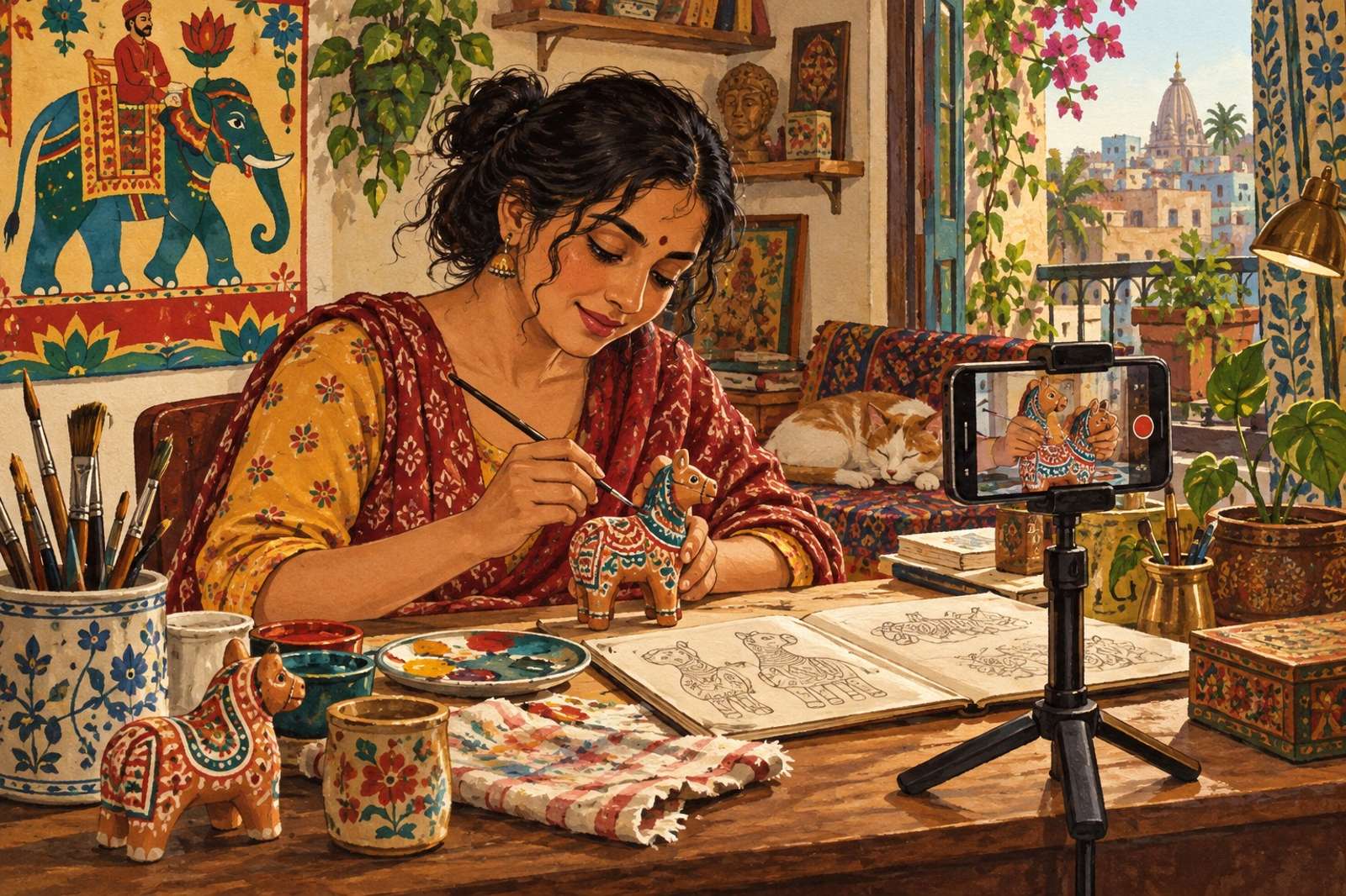 Illustration of Artist's Workday: Share your working process as you paint, embroider, sculpt or make something at your desk.