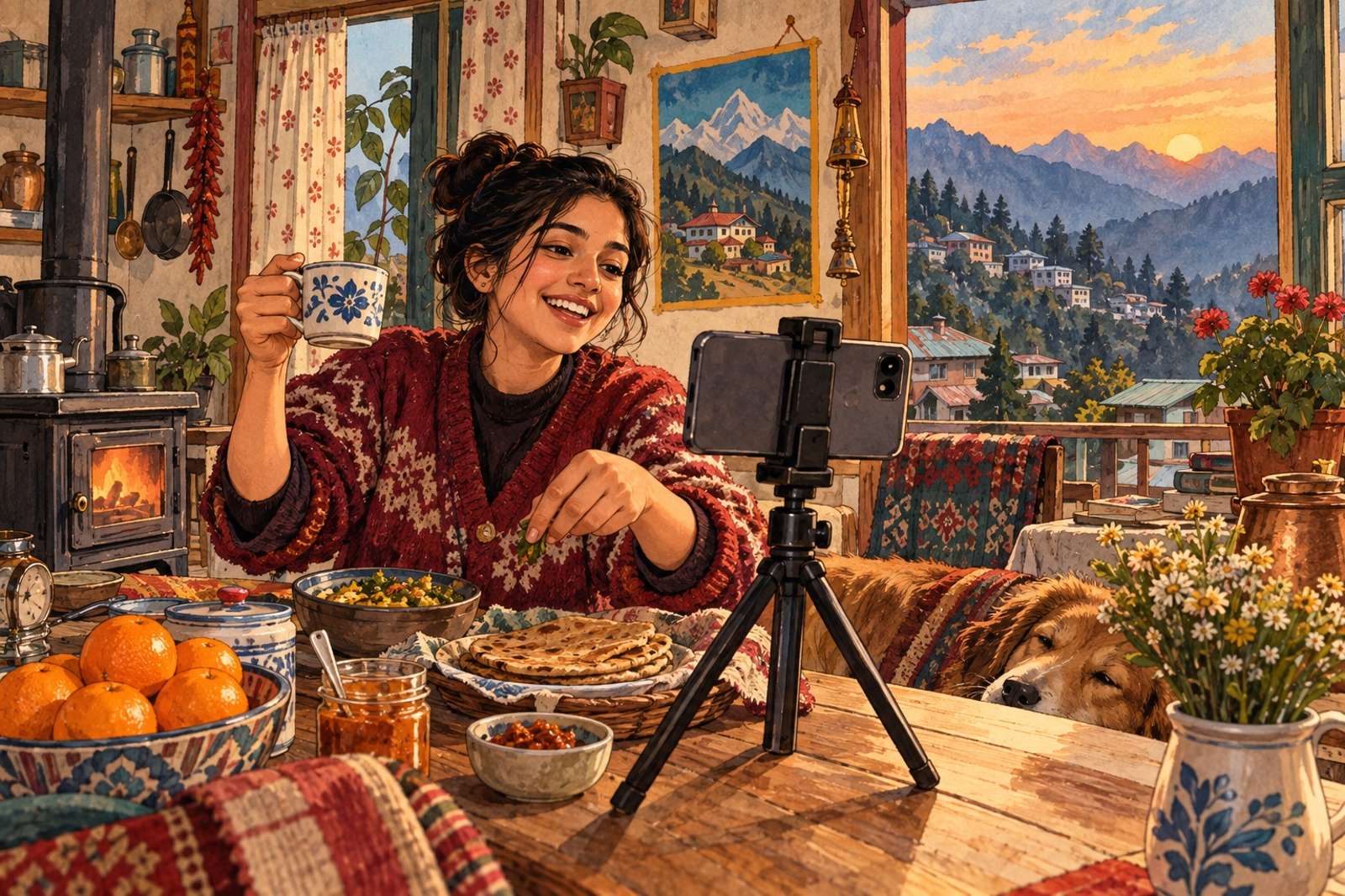 Illustration of A Day In The Mountains: Share the ordinary moments of living in a mountain town, from breakfast to evening views.