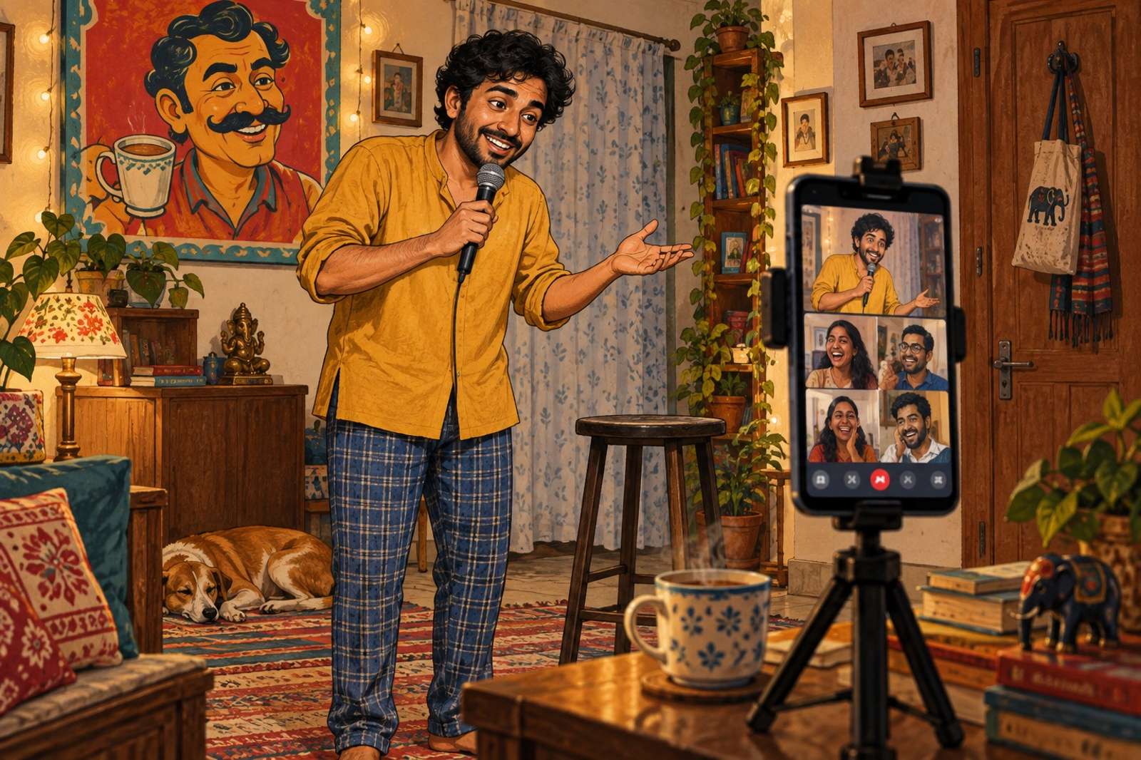 Illustration of A Home Stand-Up Show: Perform an original comedy set for an online audience, with a little room for conversation afterwards.