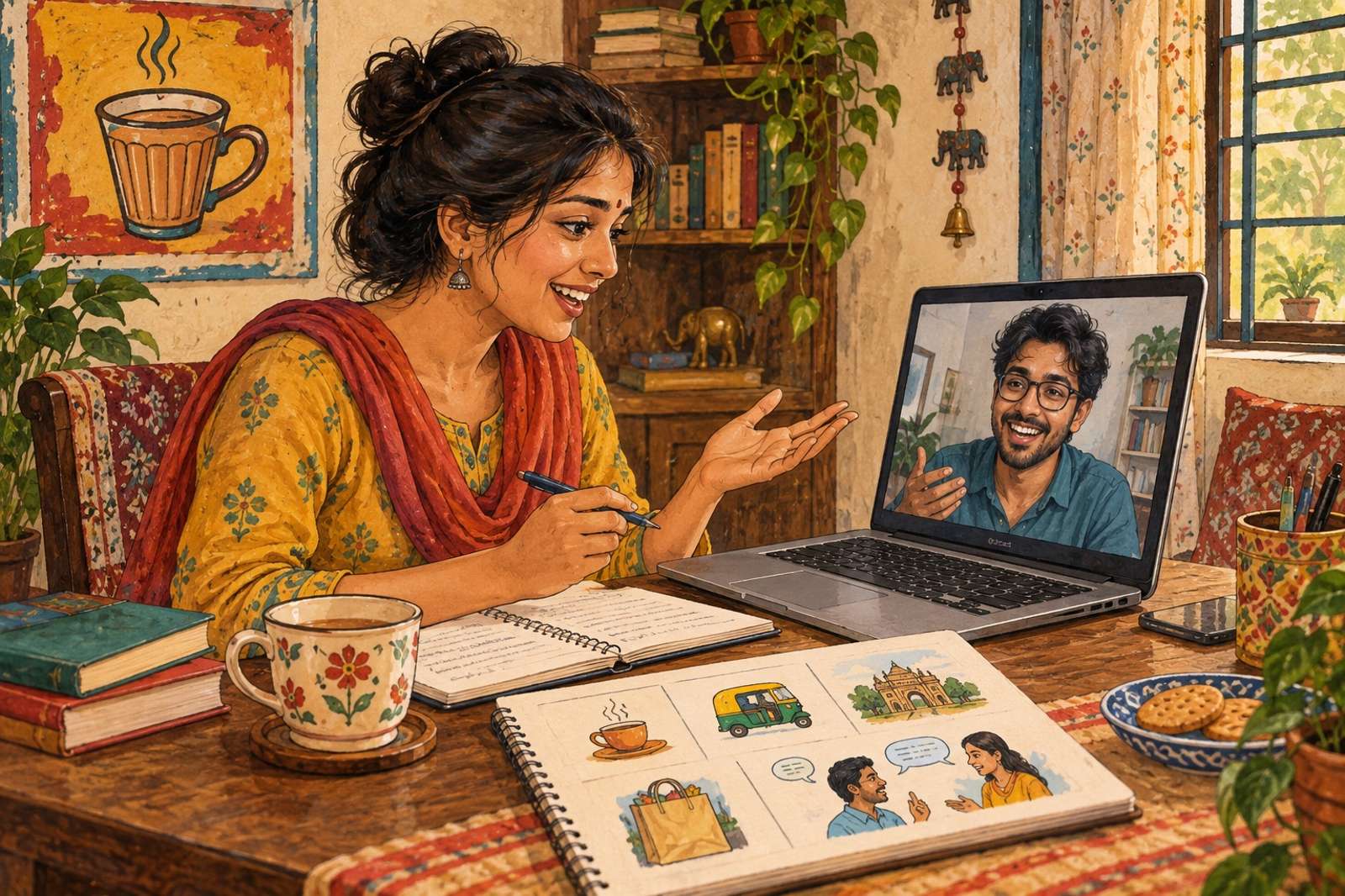 Illustration of Speak English With Confidence: Help someone practise everyday English at their pace, using real conversations and gentle feedback.