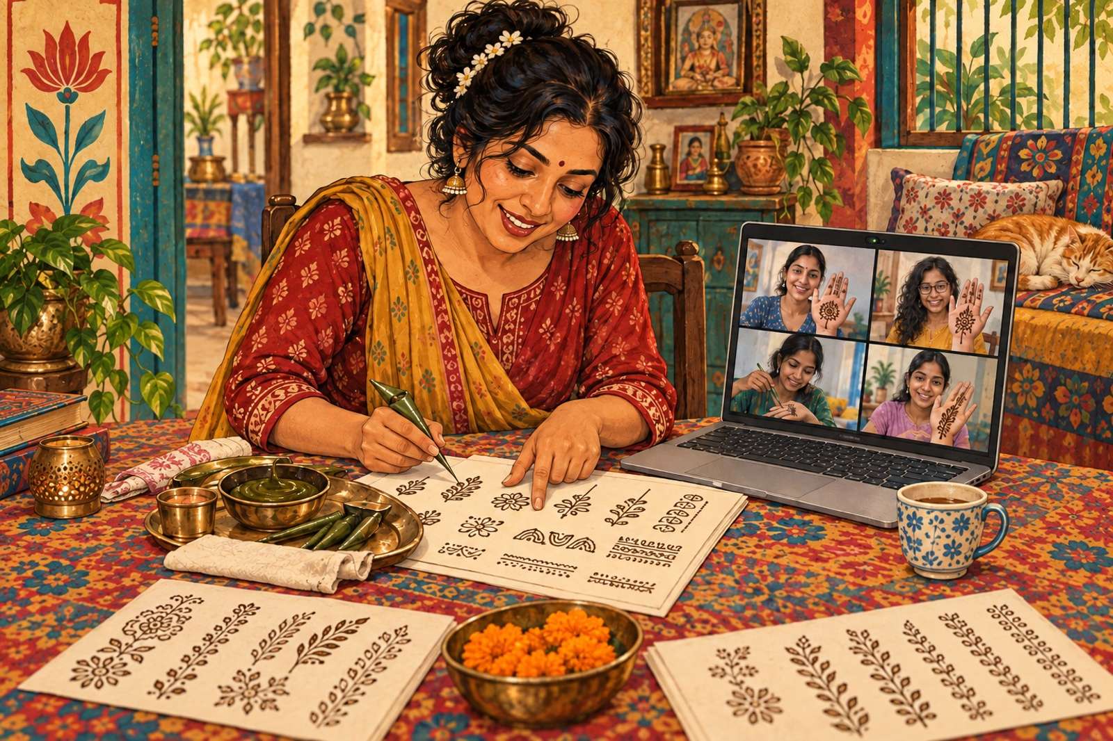 Illustration of Mehendi Practice Club: Teach a set of patterns and give participants individual pointers as they practise.
