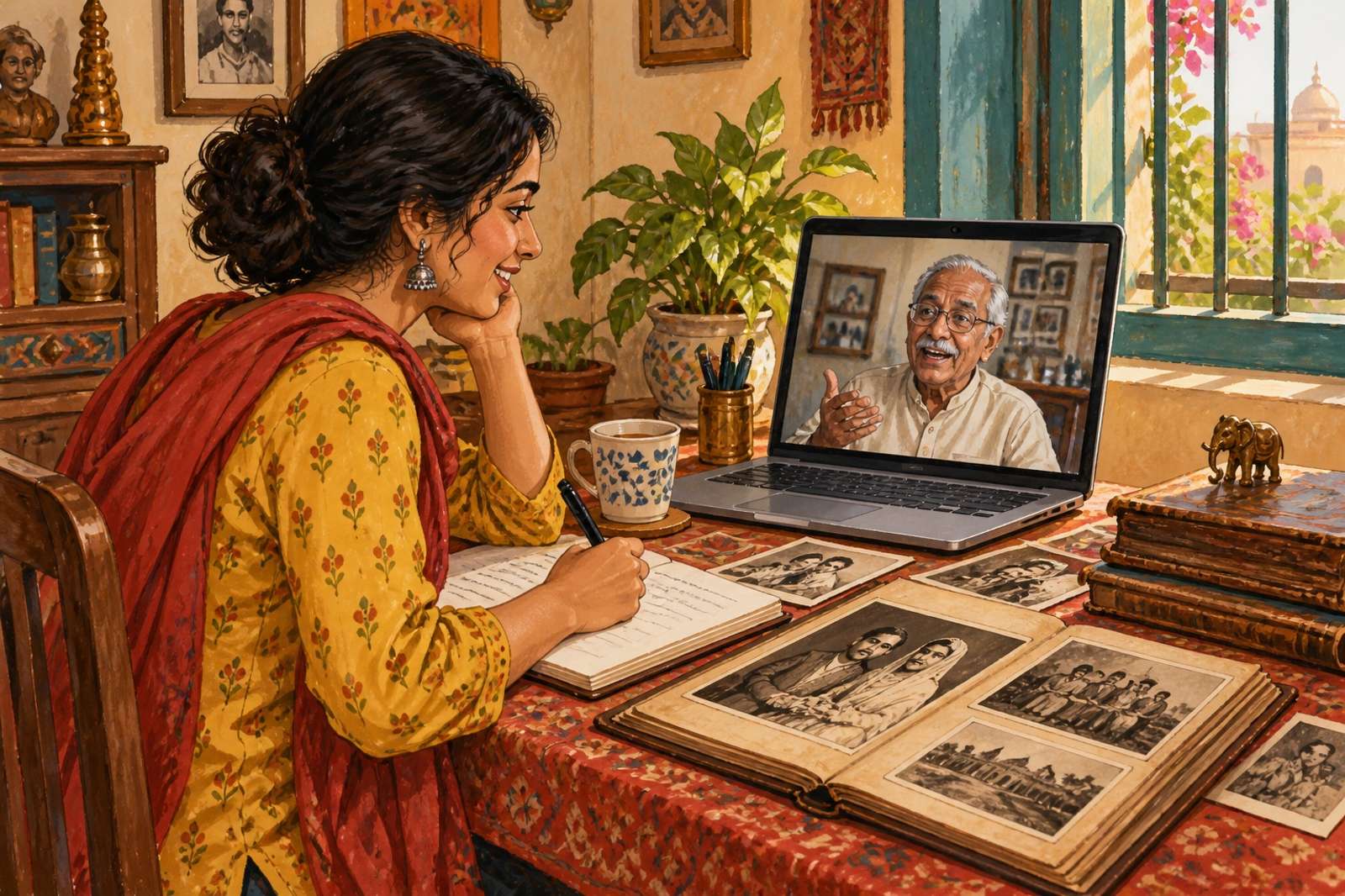 Illustration of Family History Interview: Help someone or a consenting relative tell their life stories and preserve family memories.