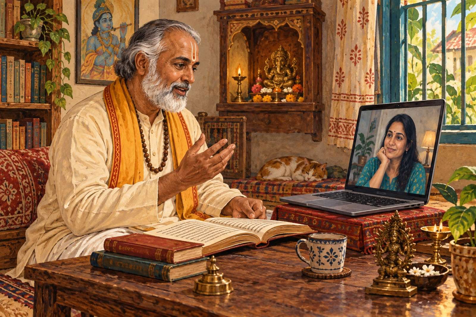 Illustration of Spiritual Conversation: A knowledgeable religious teacher discusses traditions, texts or spiritual practice without promising cures or outcomes.
