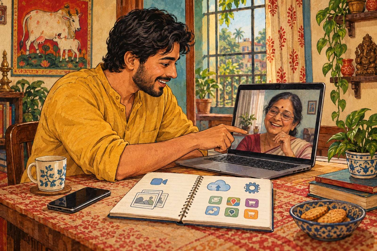 Illustration of A Tech Helper For Parents: Patiently explain video calls, photo backups, accessibility settings and everyday apps.
