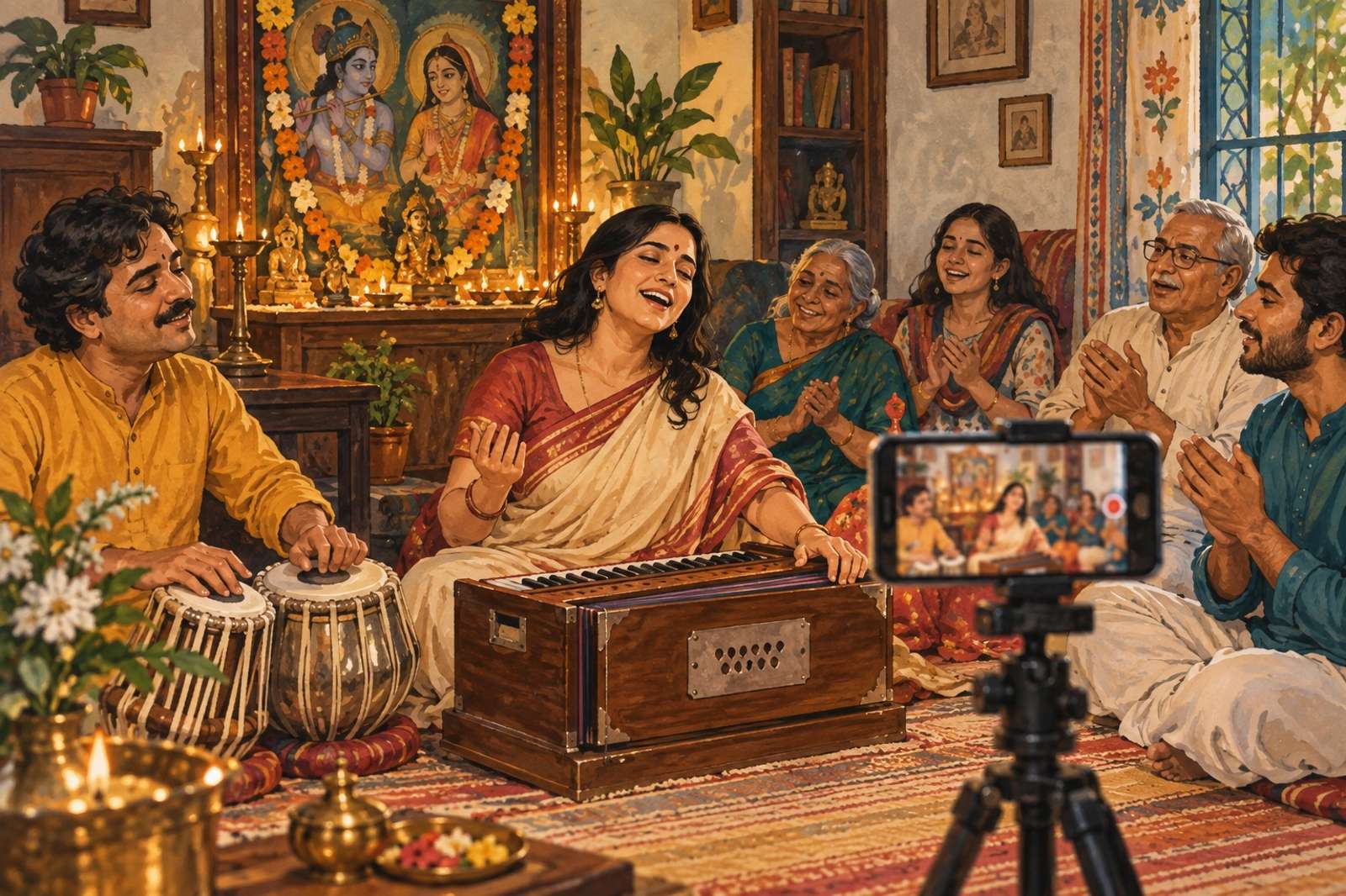 Illustration of An Evening Of Bhajans: Create an intimate devotional music gathering with songs you have permission to perform and stream.