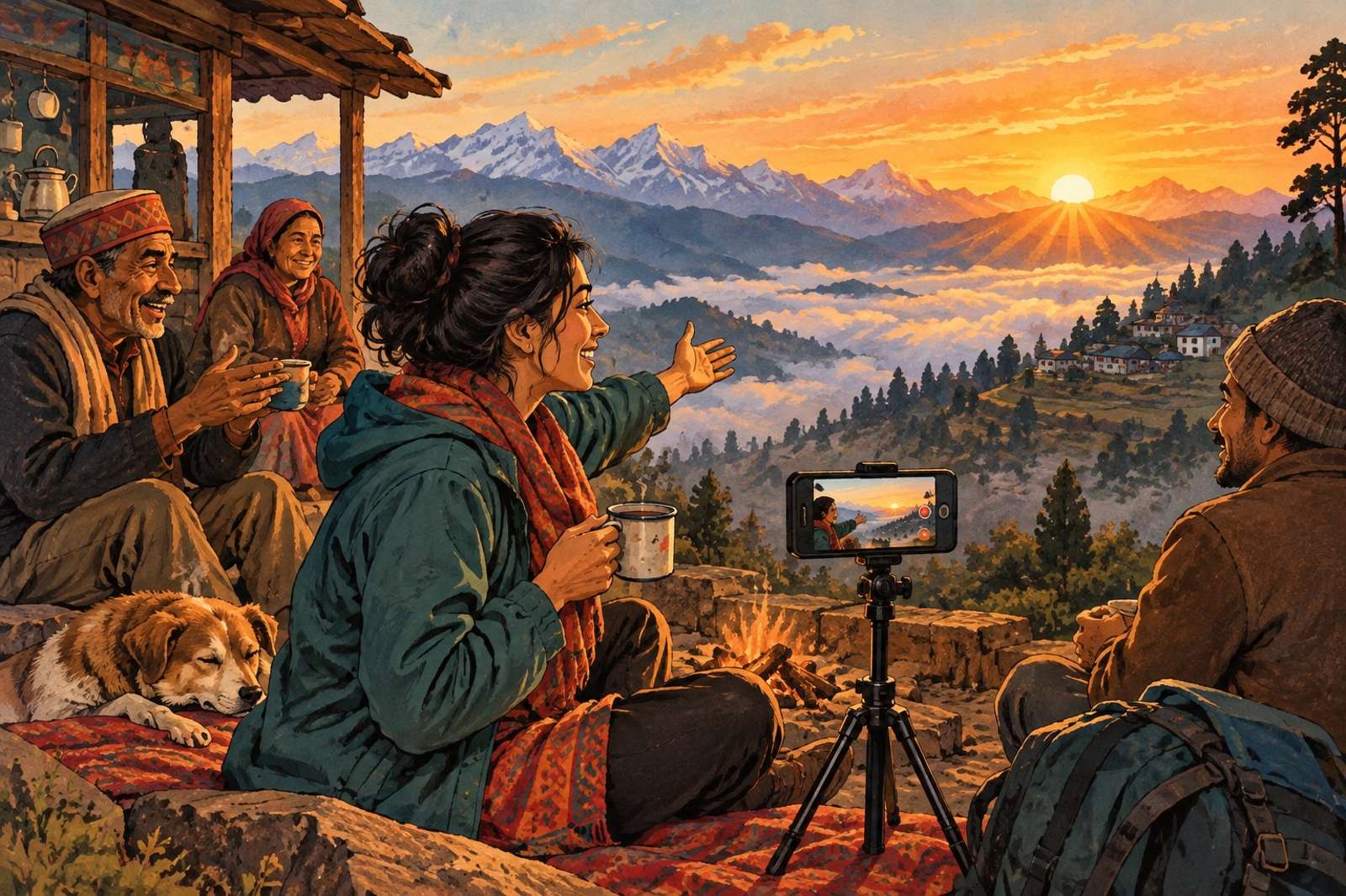 Illustration of Sunrise From The Hills: Host a sunrise from a hill station or campsite, with local stories and a quiet moment to enjoy the view.
