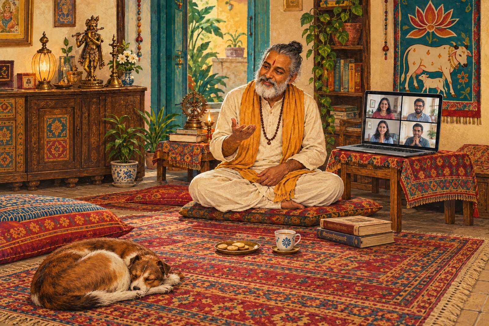 Illustration of Satsang & Questions: A spiritual teacher leads a small-group discussion where participants can ask questions.
