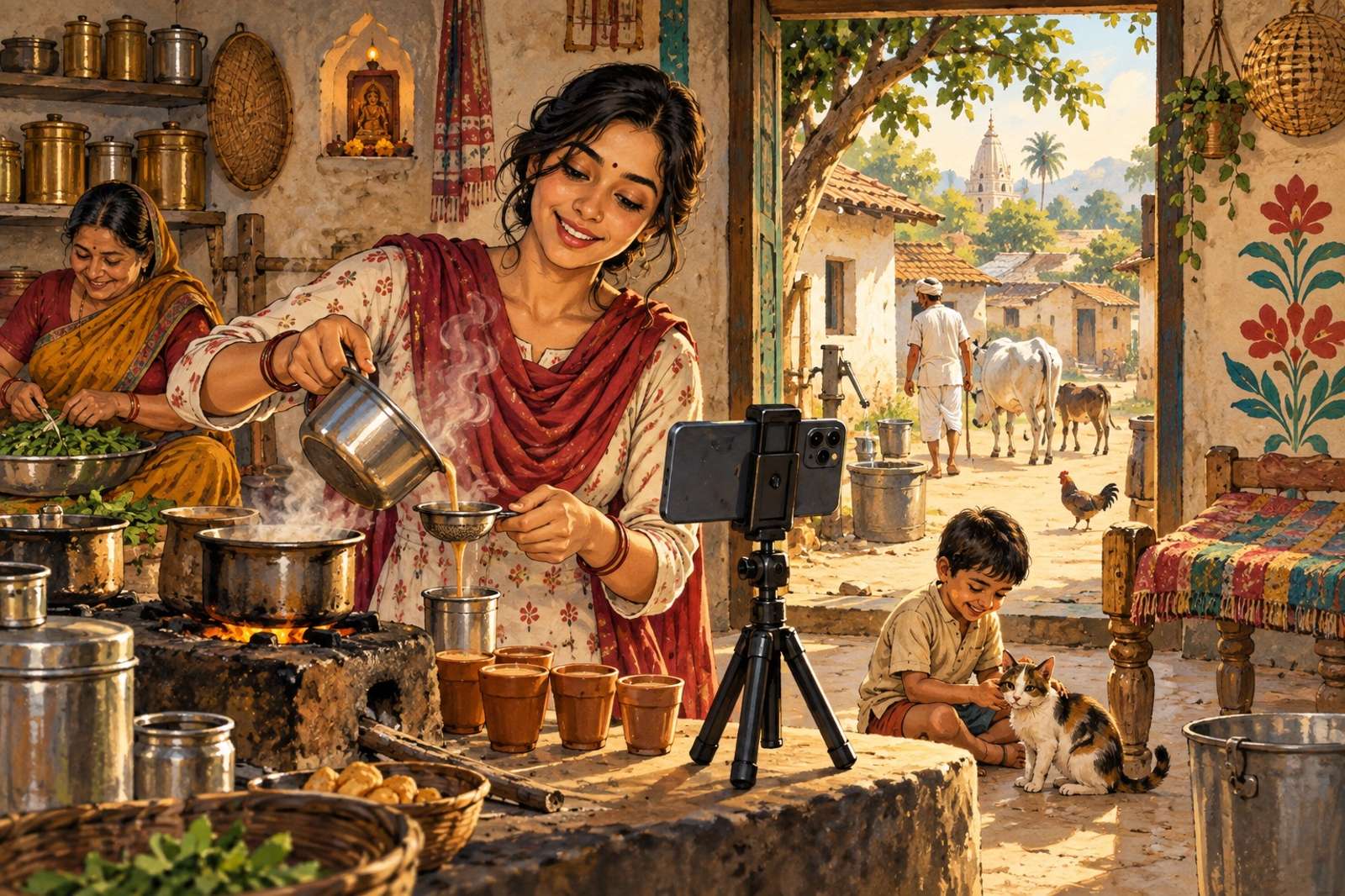 Illustration of Morning In The Village: Let viewers drop into your morning chai, household chores and village routine.