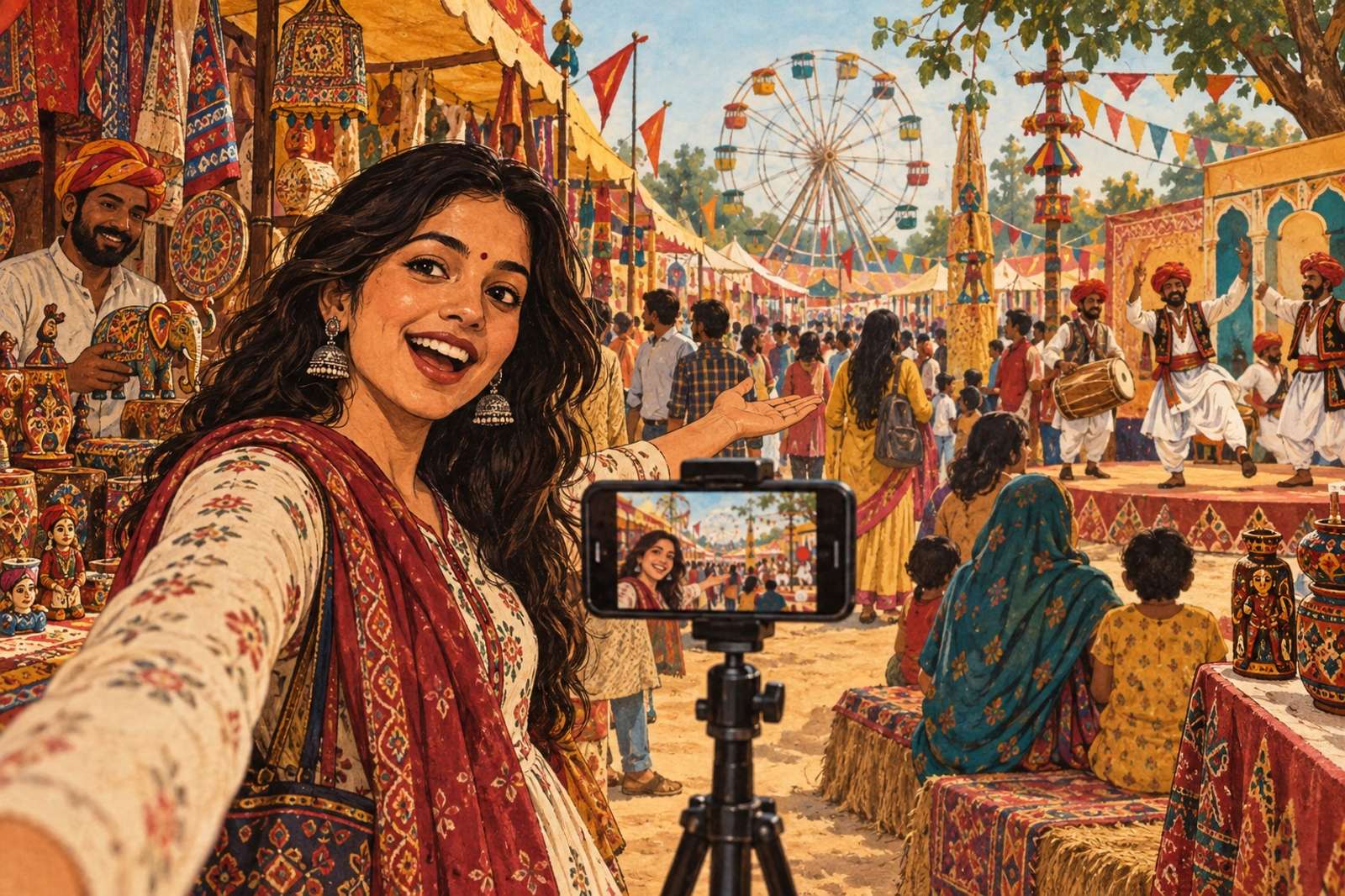 Illustration of A Local Fair With Me: Take viewers through a local fair, craft mela or cultural festival where broadcasting is allowed.