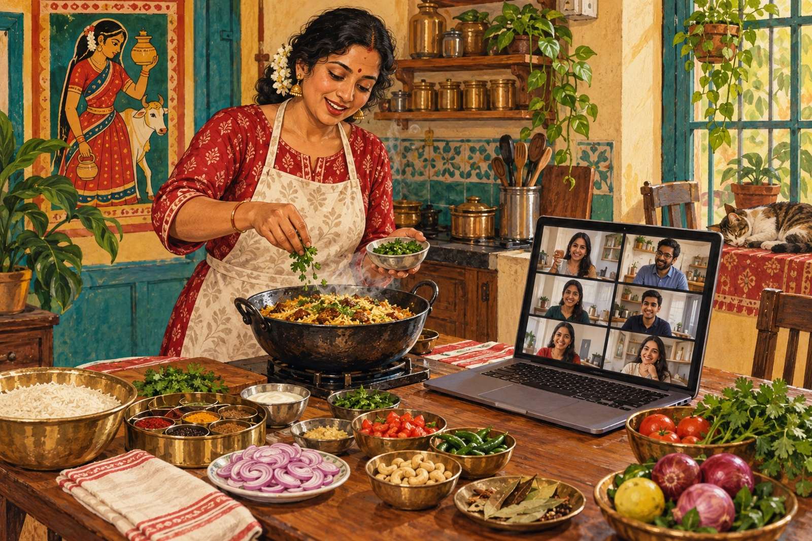Illustration of Regional Cooking Class: Cook a particular dish together, sharing the ingredient list before the session.