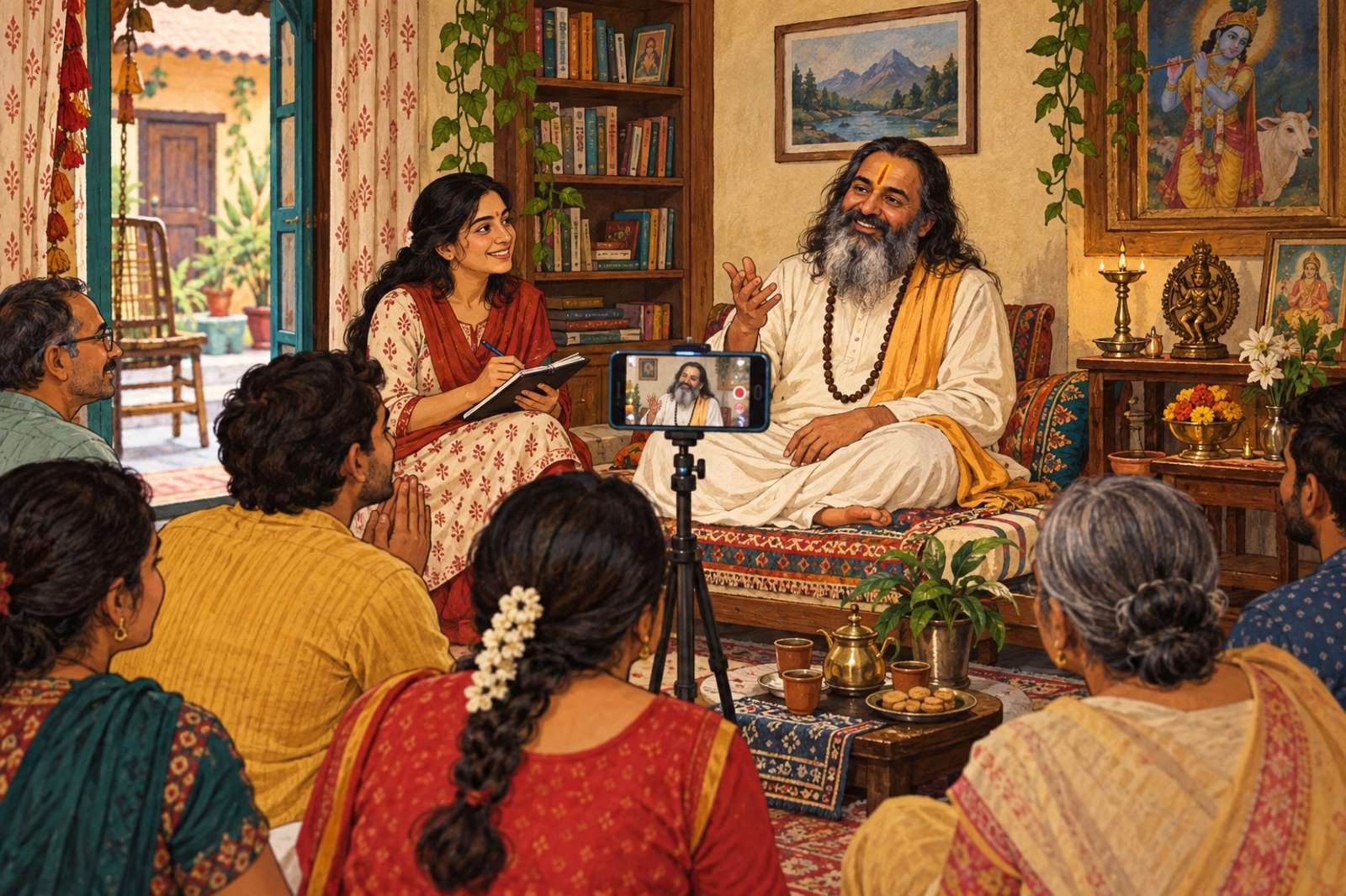 Illustration of A Spiritual Teacher's Exclusive Satsang: A spiritual teacher or baba hosts an exclusive live talk for followers, with a moderator gathering questions.