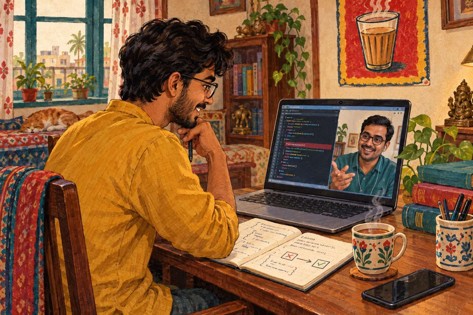 Illustration of Coding Debug Buddy: Work through a coding problem together and explain how you find and fix the issue.