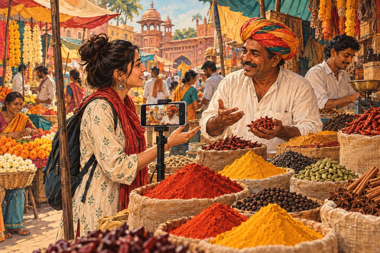 Illustration of Market Tour, Live: Explore a flower market, spice bazaar or weekly haat and introduce the people and products with permission.