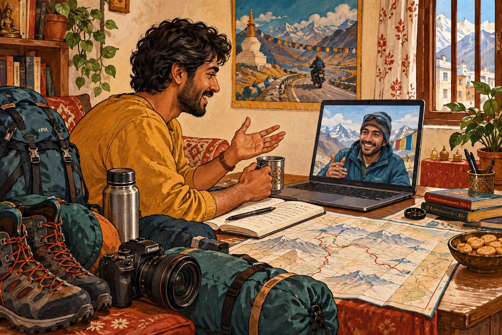 Illustration of Ladakh Trip Preparation: Discuss packing, route logistics and lessons from your own mountain travels with someone planning a trip.