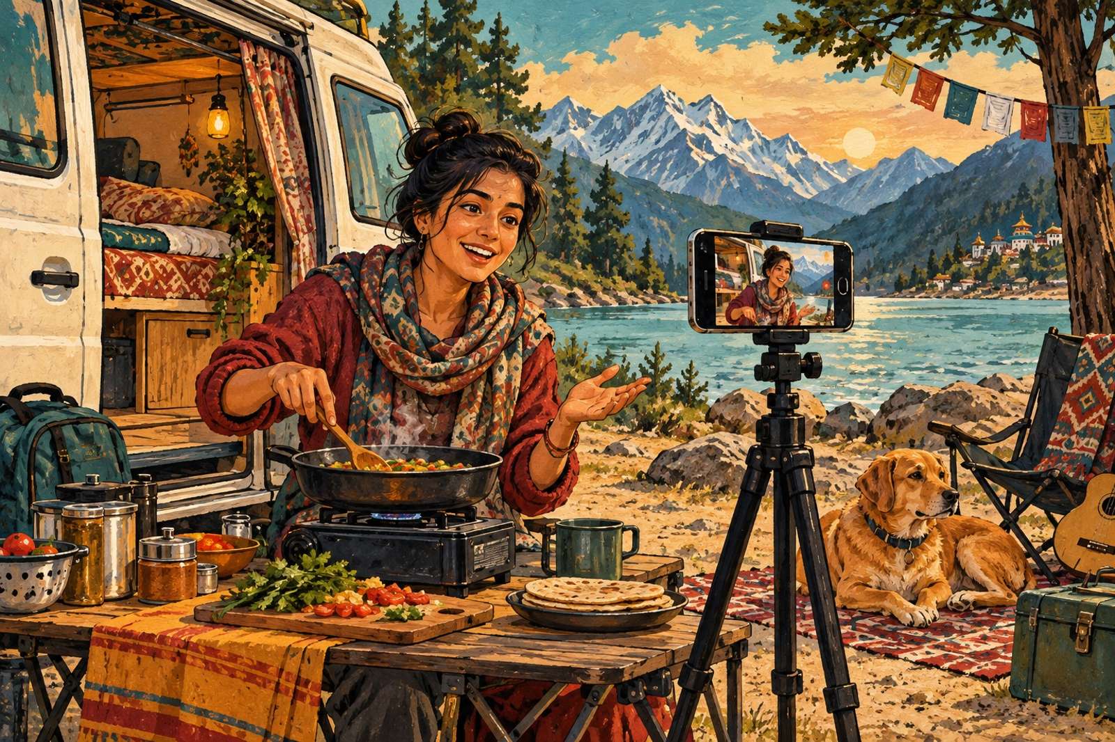 Illustration of Van Life / Travel Diaries: Share campsite routines, cooking and travel updates while safely parked.