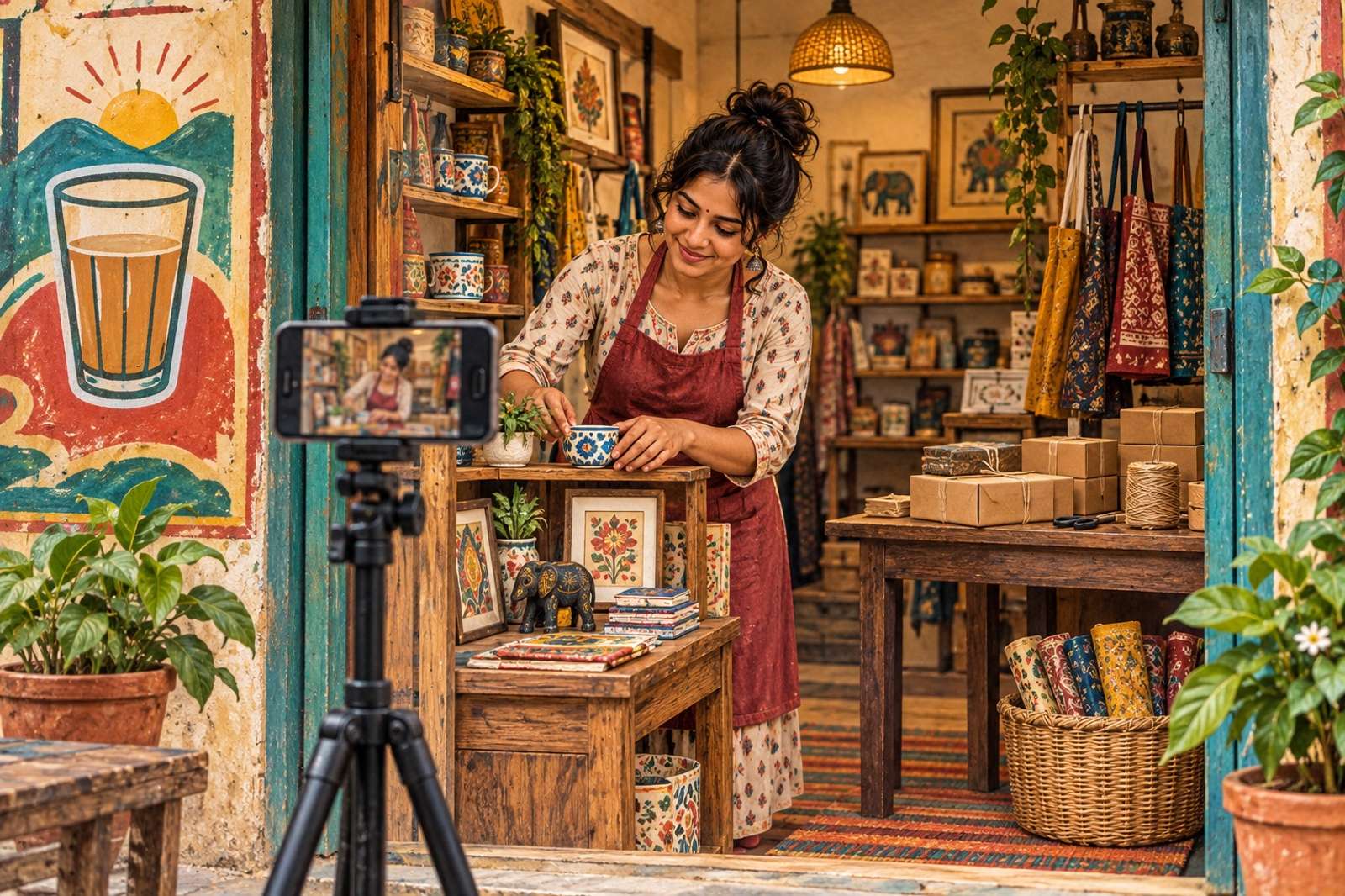 Illustration of A Day At The Shop: Share opening the shop, arranging displays and packing orders without exposing customer details.