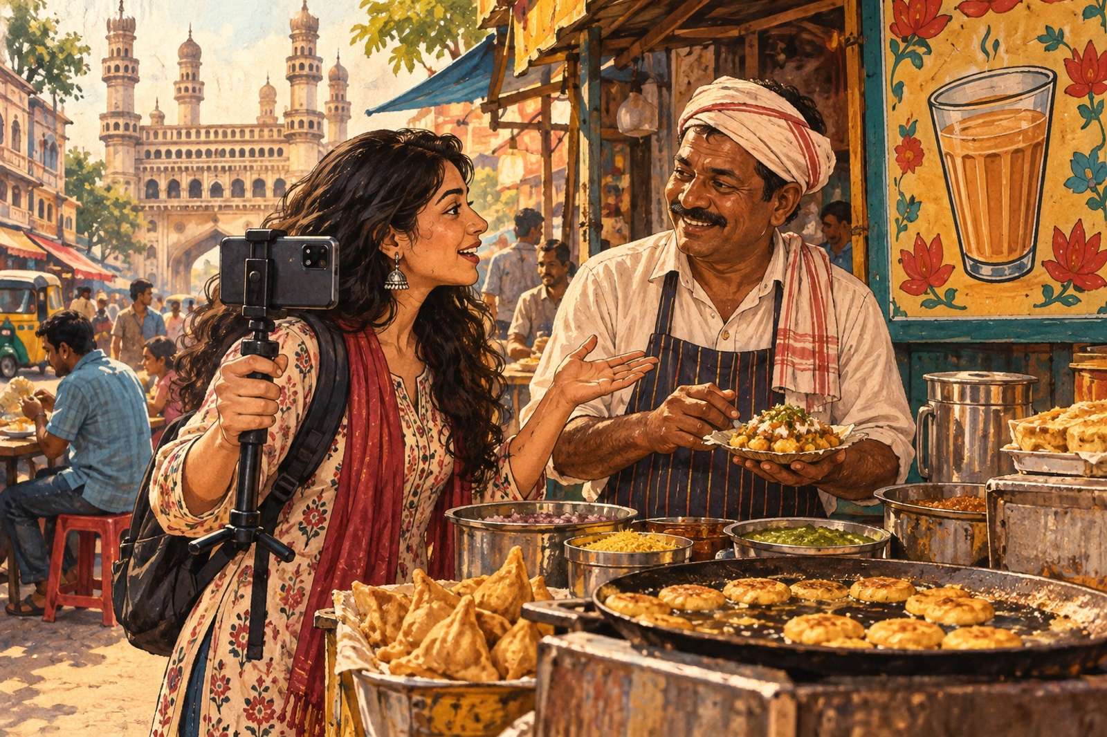 Illustration of Street-Food Discovery: Introduce local dishes and the vendors behind them, asking permission before you film.