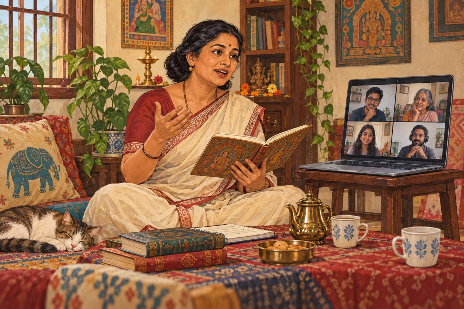 Illustration of Scripture Reading Circle: A knowledgeable facilitator guides a reading and discussion of a chosen religious text.