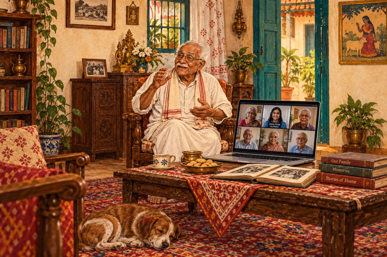 Illustration of Grandparents' Story Circle: Host a gathering where consenting elders share memories and participants ask questions.