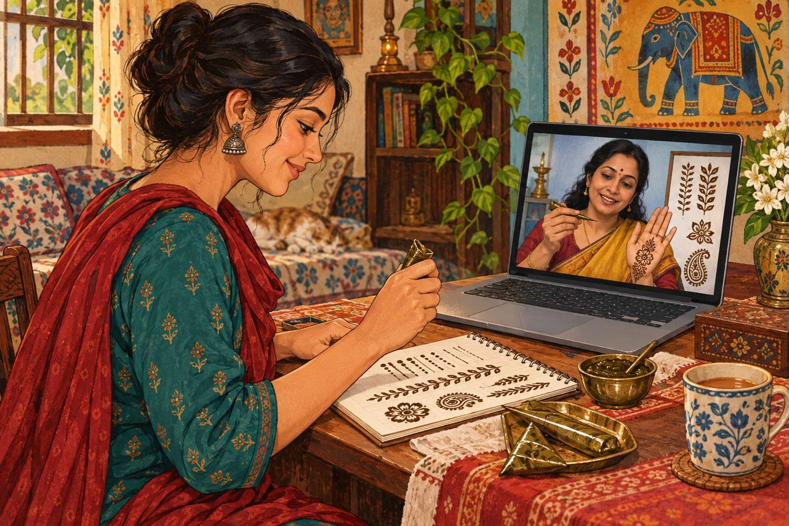 Illustration of Mehendi Feedback: Guide a beginner on grip, consistency, patterns and a practical routine for improving their designs.