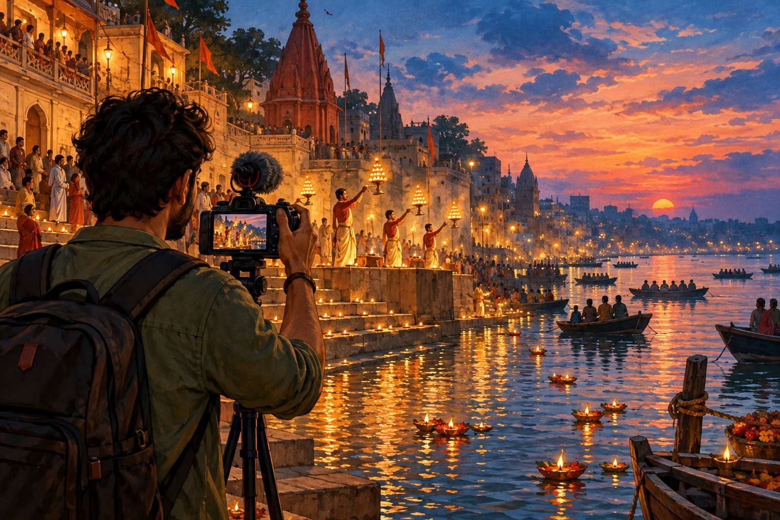 Illustration of An Evening By The Ganga Ghats: Share an evening by the ghats, local stories and permitted ceremony coverage with a distant audience.