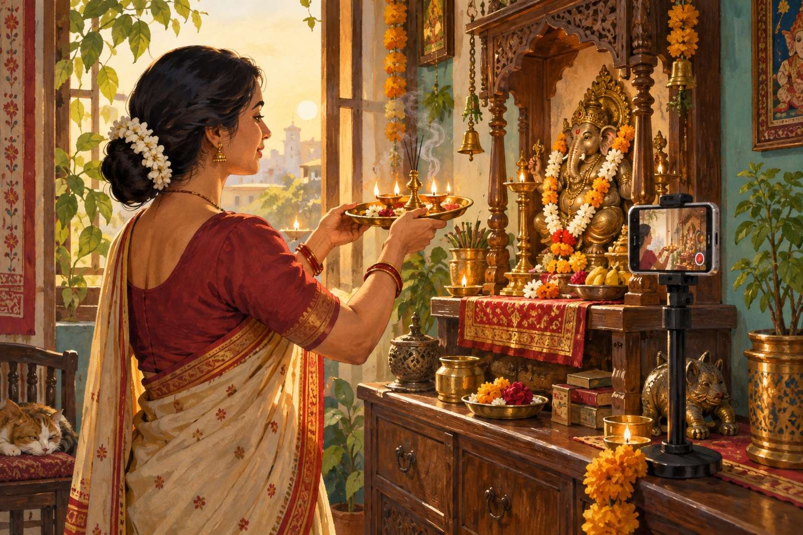 Illustration of Morning Aarti From Home: Bring a morning aarti to people far from home, from your home shrine or a temple that permits streaming.