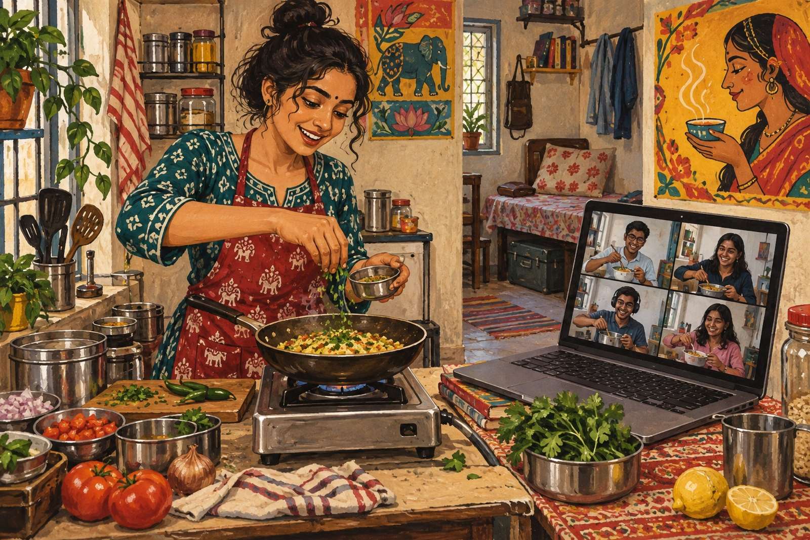 Illustration of Hostel Cooking Club: Make practical meals together using limited space and simple equipment.