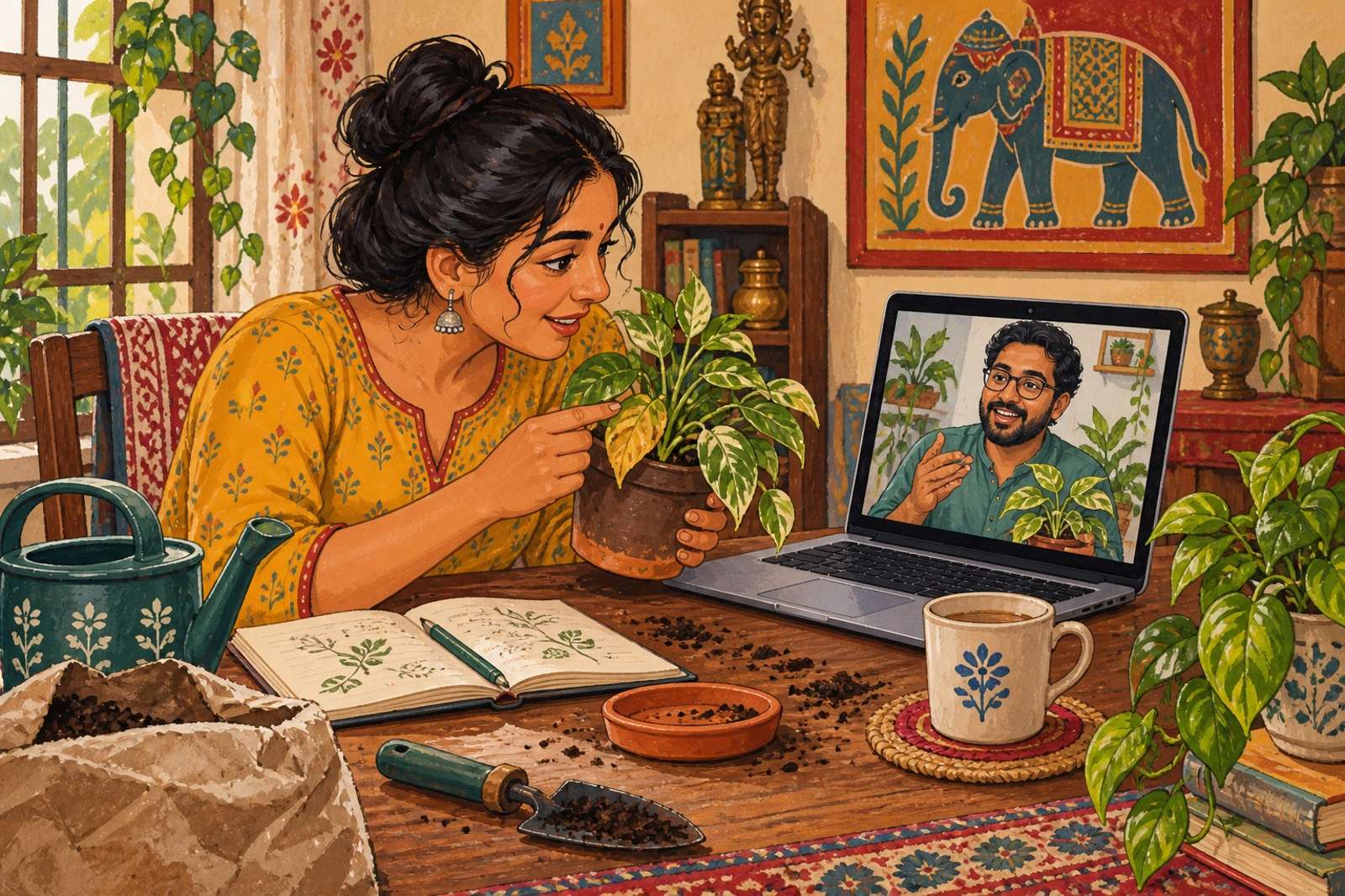 Illustration of Plant Care Chat: Use your gardening experience to discuss likely care issues and improve a home plant routine.