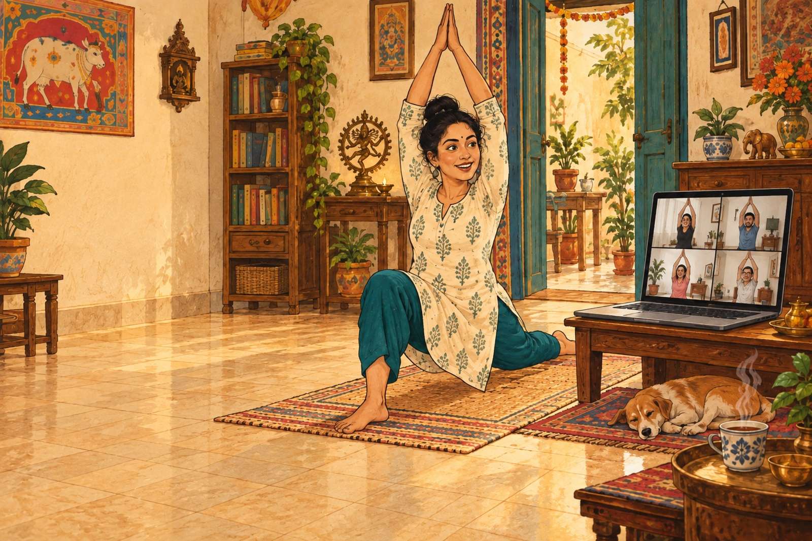 Illustration of Yoga Basics: A qualified instructor leads a beginner class with clear guidance and suitable adaptations.
