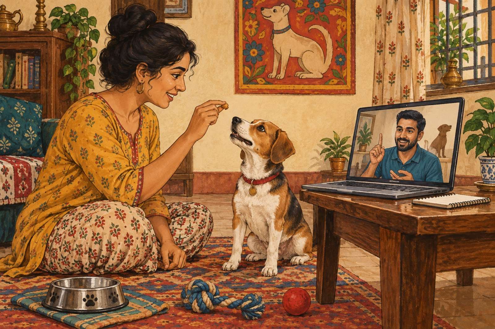 Illustration of Pet Training Basics: A qualified trainer helps with everyday behaviour, practice routines and training questions.