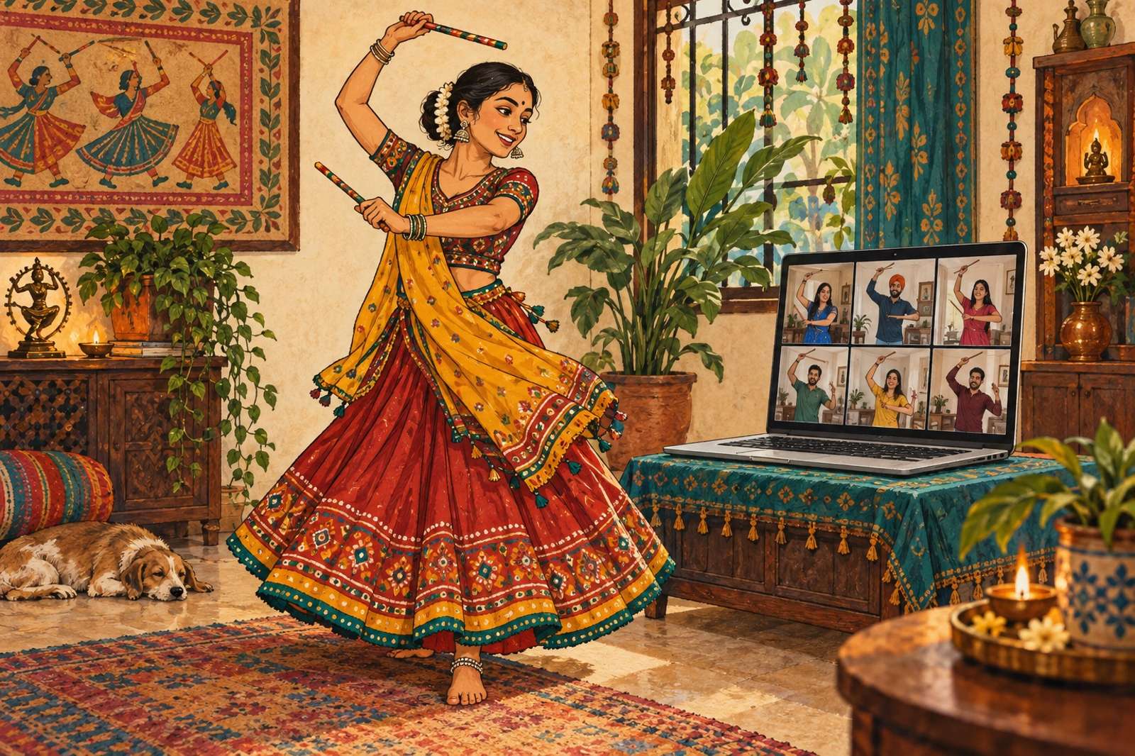 Illustration of Folk Dance From Home: Introduce Garba, Bhangra or another folk-dance form through a guided practice session.