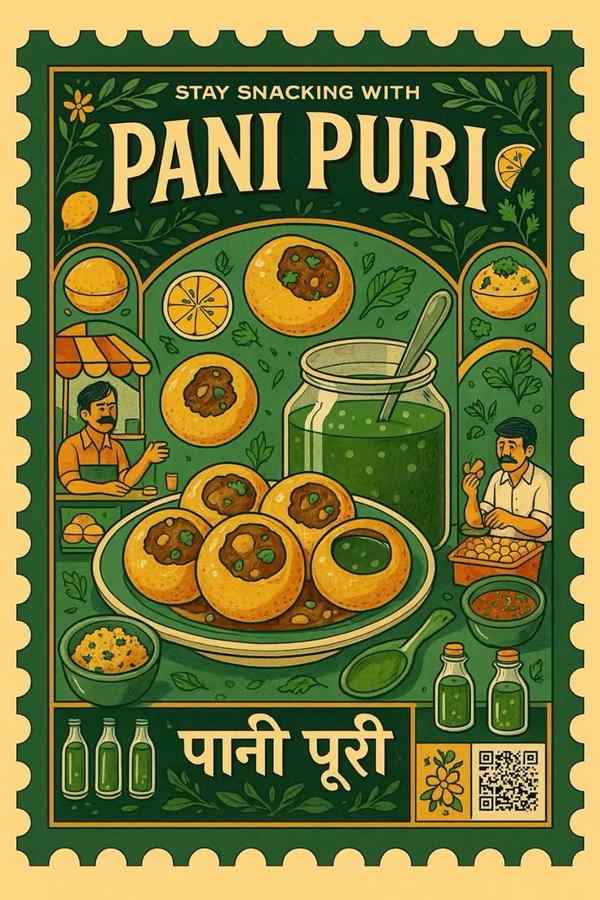 Vintage stamp-style poster of pani puri — snacks, bills and small change.