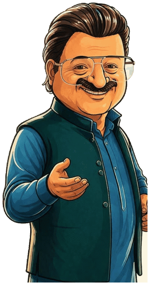 Die-cut sticker of a smiling uncle in a teal nehru jacket, hand out mid-pitch.