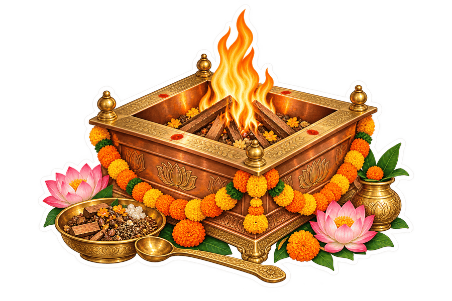 Havan kund with a calm sacred flame, mango wood and marigold garland