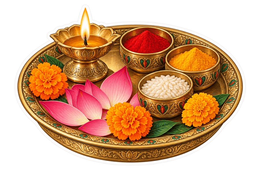 Puja thali with diya, lotus, kumkum, rice and marigolds