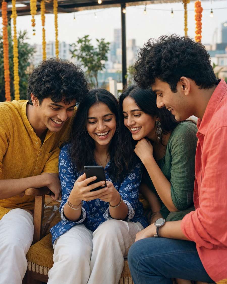 Four people laughing together over a phone
